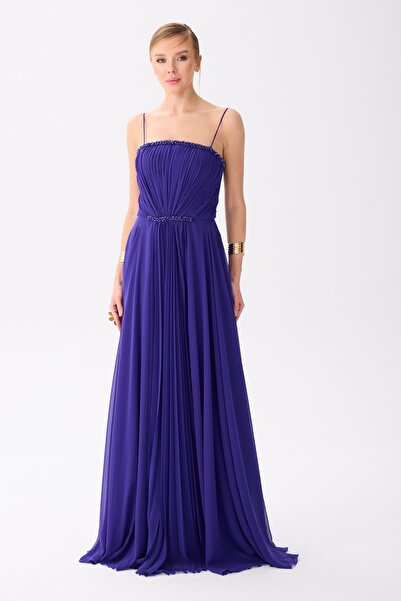 Carmen Mor Askılı İşlemeli Şifon Abiye Elbise