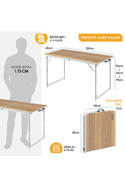 HAEGS Portatif Kamp Masası, 3 Yükseklik Ayarlı, Katlanır Alüminyum Piknik Masası- 120x60 Hareli Ceviz