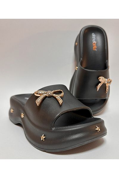 AkınalBella Black Eva Platform Heel Stone Bow and Star Staple Detail Women's Daily Home and Street Slippers