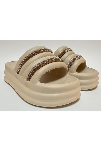 AkınalBella Beige Platform Heel Strip Stone Detail Comfortable and Soft Eva Women's Daily Home and Street Slippers