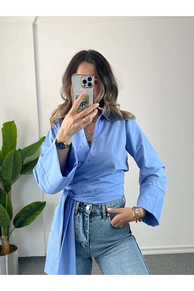 FMN Moda Cămașă asimetrică cu design Pinterest, cu mâneci cu deschidere largă, echivalent cu marca cu centură mare