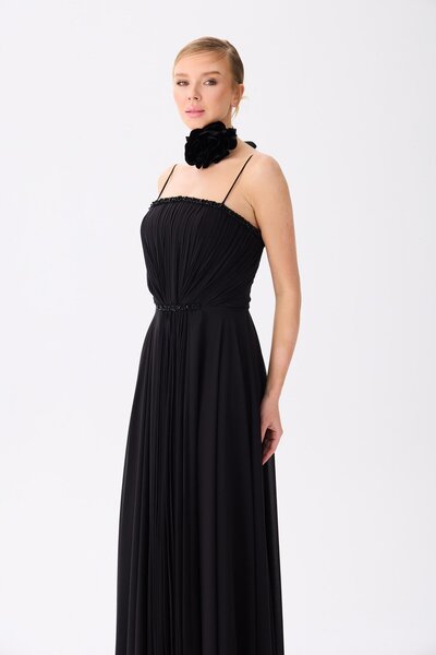 Carmen Black Strap Embroidered Chiffon Evening Dress