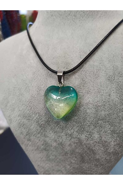 Mos Tespih Leather Drawstring Fluorite Natural Stone Heart Figured Necklace