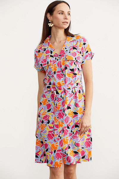 Sementa Rochie cămașă cu curea cu modele florale - fucsia