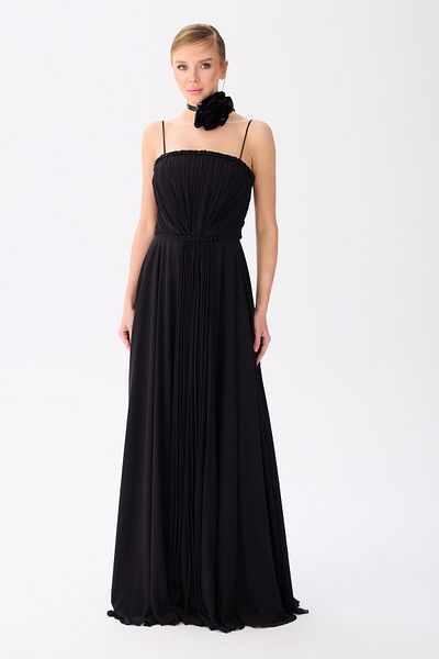Carmen Black Strap Embroidered Chiffon Evening Dress