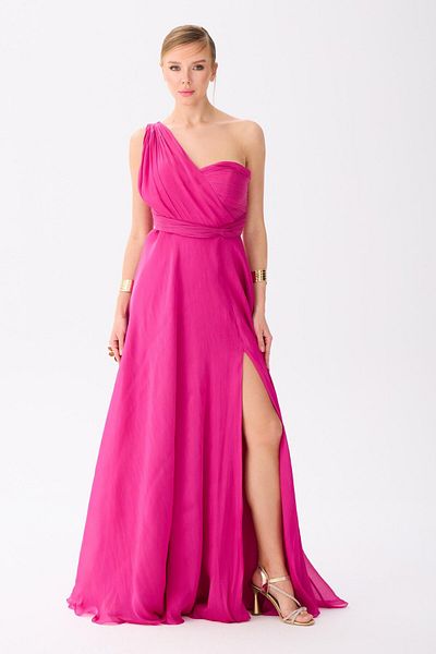 Carmen Fuchsia One Sleeve Slit Chiffon Evening Dress