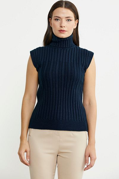 Sementa Navy Blue Woolen Full Fisherman Sleeveless Sweater and Sweater