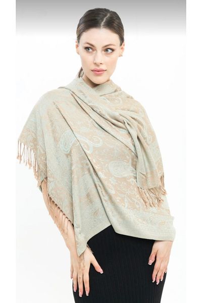 Pashmina Σάλι από κασμίρ |   Ανοιχτό πράσινο ☆   Καφές |   100% Κασμίρ |   70 Χ 180 εκ |   4 Εποχές