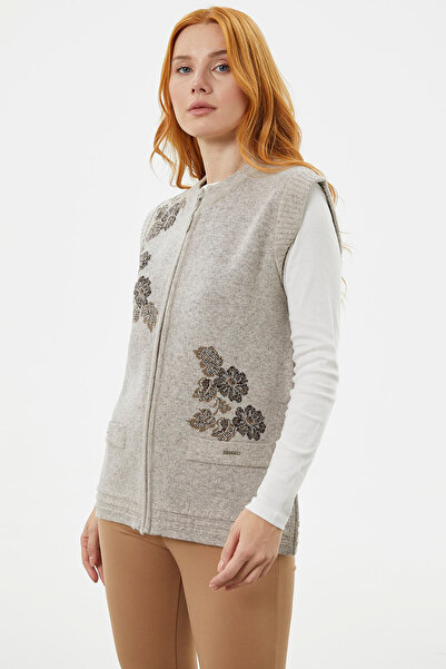 Sementa Mink Colored Flower Motif Zippered Knitwear Vest