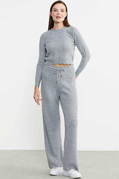 Sementa İnce Fitilli Beli Lastikli Triko Pantolon - Gri
