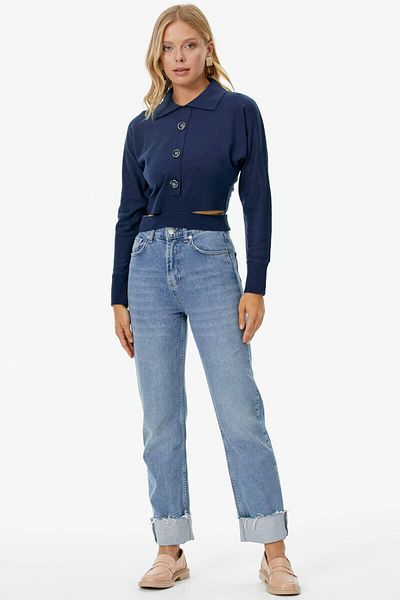 Sementa Piesă Detaliată Guler Polo Cu nasturi Tricotaj Crop - Bleumarin