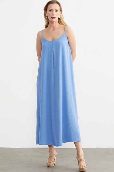 Sementa Rochie albastra lunga din crep - curea ajustabila
