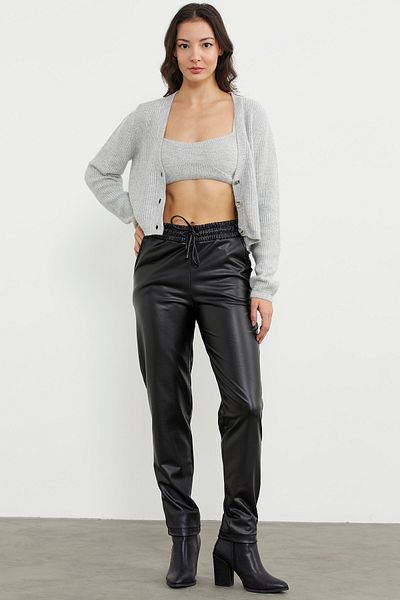 Sementa Pantaloni din piele artificială cu talie elastică - negri