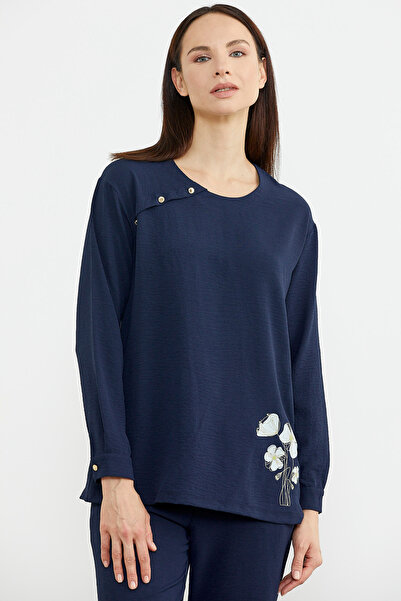 Sementa Print Detailed Long Sleeve Crepe Set - Navy Blue