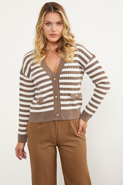 Sementa Cardigan de tricotaj cu buzunar cu dungi - Maro Lapte