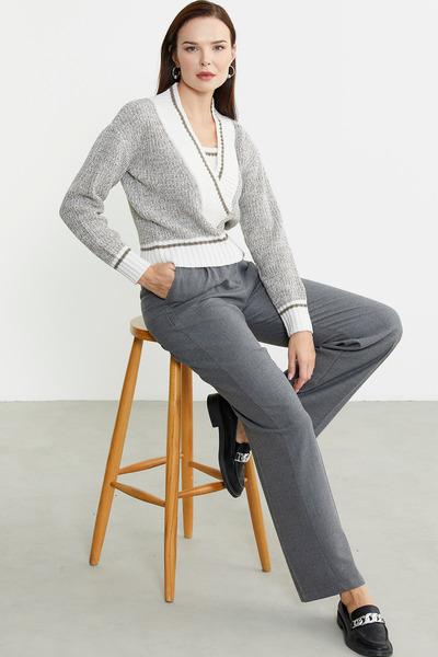 Sementa V Banded Deep Wool Knitwear Sweater - Bone