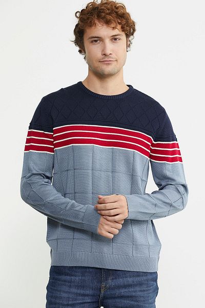 Sementa Pulover tricotat cu decolteu albastru cu model bloc