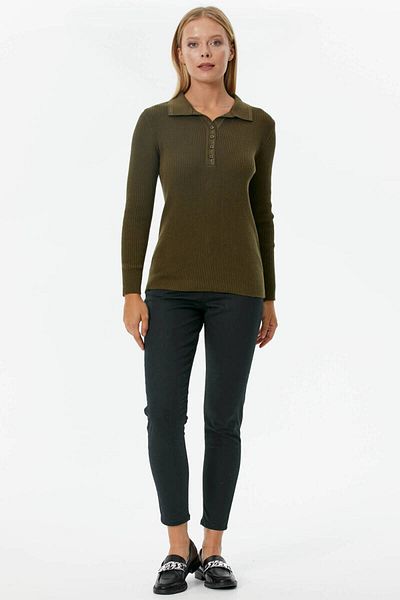 Sementa Pleated Polo Collar Buttoned Knitwear Sweater - Khaki
