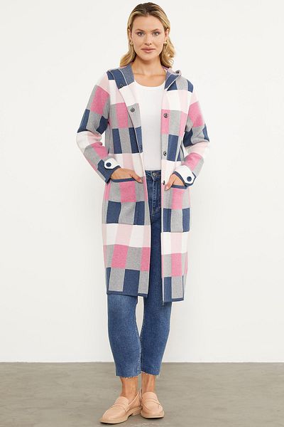 Sementa Cardigan lung colorat cu model bloc - Indigo