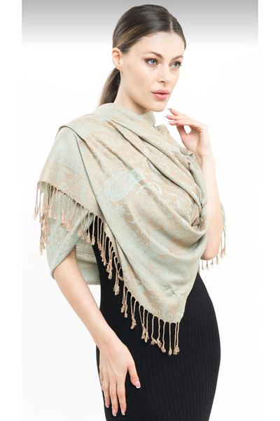 Pashmina Σάλι από κασμίρ |   Ανοιχτό πράσινο ☆   Καφές |   100% Κασμίρ |   70 Χ 180 εκ |   4 Εποχές
