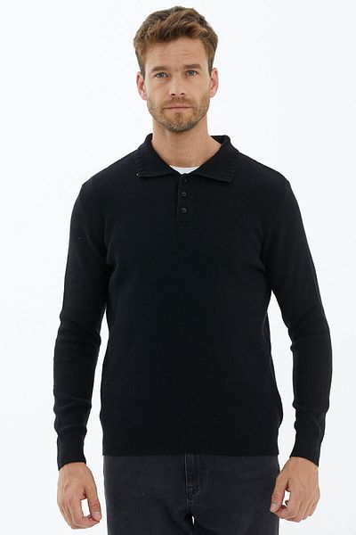 Sementa Πλεκτό πουλόβερ με κουμπιά Polo Neck Μαύρο