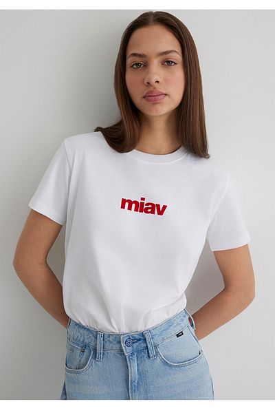 Mavi tricou roșu cu imprimeu miav cu croiala normală