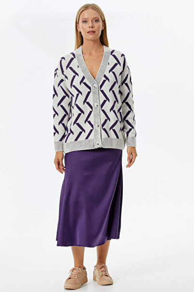 Sementa Geometrik Desenli Triko Hırka - Kemik- Mor