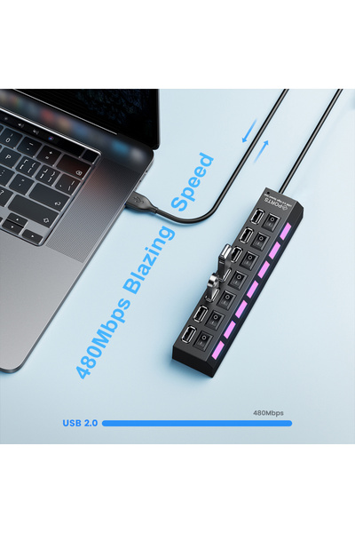 Derwell 7 Port Usb Çoklayıcı Hub Anahtarlı Aç/kapa Düğmeli Işıklı Usebe Çoğaltıcı Hub Switch Tak Çalıştır