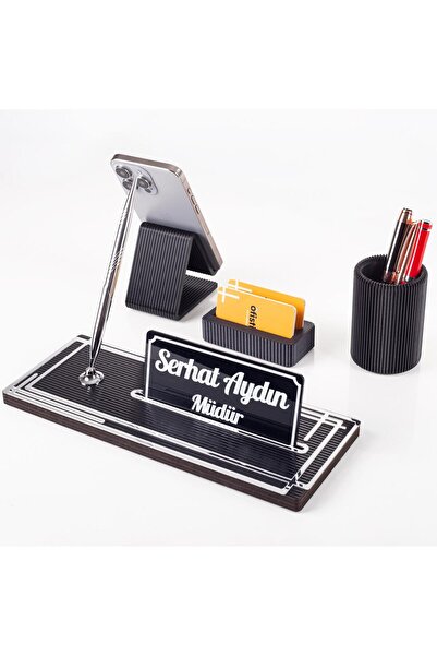 Ofistike Vera Kalemlikli Gümüş Ahşap Masa İsimliği Seti Çizgi Desenli Hediye ...