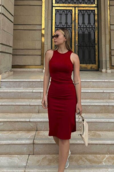 Genel Markalar Bordo Midi Boy Yırtmaçlı Kalem Elbise