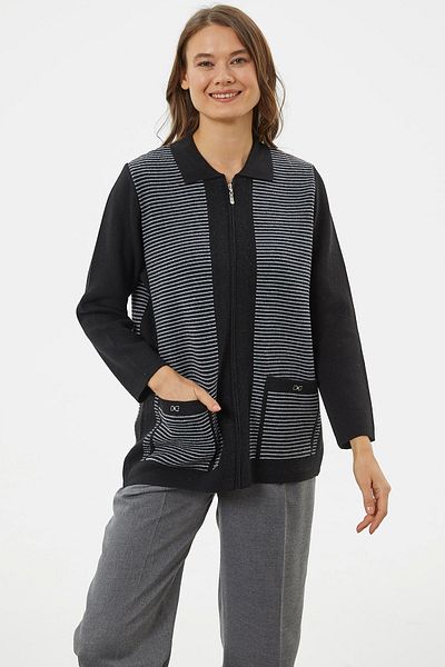 Sementa Cardigan de tricotaj cu buzunar gros cu fermoar - negru