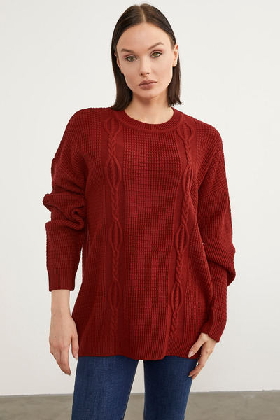 Sementa Honeycomb Knit Crew Neck Sweater - Red