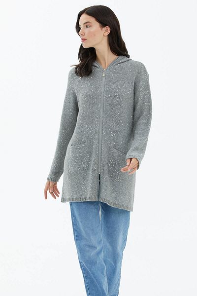 Sementa Hooded Zippered Sequin Knitwear Cardigan - Gray