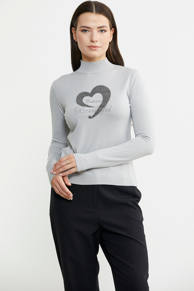 Sementa Gray Knitwear Sweater - Glitter Detailed, Stand Collar