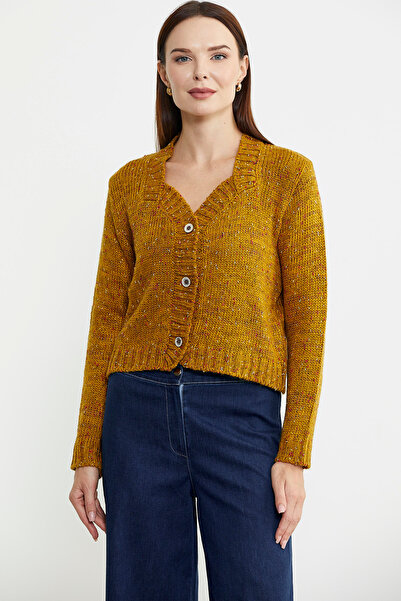 Sementa Mustard Colored Wool Knitwear Cardigan - Melted Collar Detail