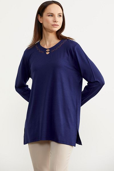 Sementa Tricou din bumbac pieptănat cu mânecă lungă cu guler brodat - Indigo