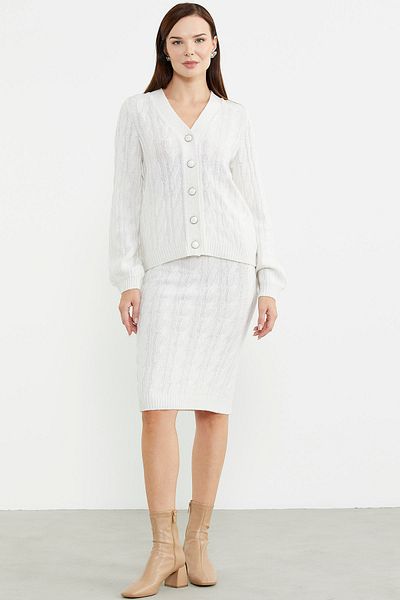 Sementa Wool Knitwear Set - Hair Knitted Motif Skirt, Bone Color