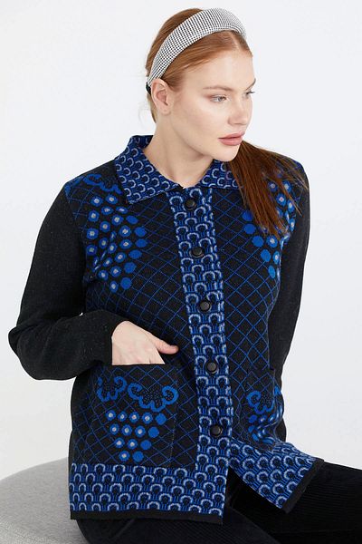 Sementa Jachetă de tricotaj pentru damă cu modele colorate cu guler polo - negru - gri