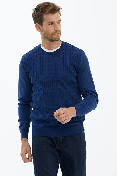 Sementa В'язаний светр з замшевою облямівкою та плетеним візерунком, темно-синій