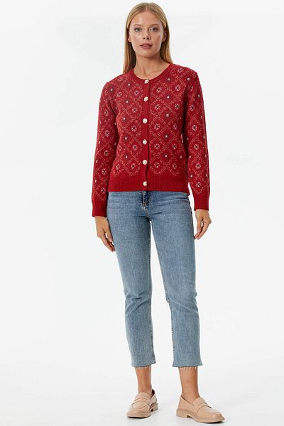 Sementa Pearl Buttoned Floral Patterned Knitwear Cardigan - Red