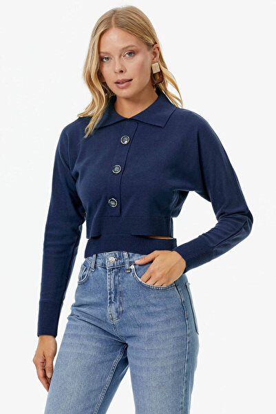 Sementa Parça Detaylı Polo Yaka Düğmeli Triko Crop - Lacivert