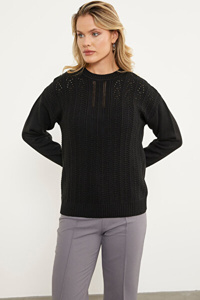 Sementa Пуловер от трикотаж с нулева яка и зигзагообразен шарка - черен