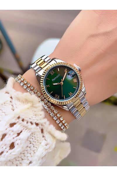 Ferrucci ساعة يد نسائية بتصميم خاص مع تقويم بحبل فولاذي + سوار هدية
