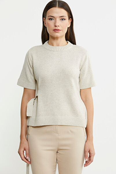 Sementa Πλεκτό Πουλόβερ μαλλί - Κοντό μανίκι και ζώνη, χρώμα πέτρας