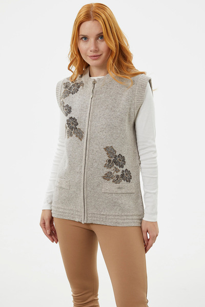 Sementa Mink Colored Flower Motif Zippered Knitwear Vest