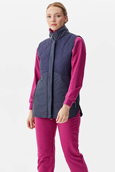 Sementa Quilted Stand Collar Plush Vest - Navy Blue