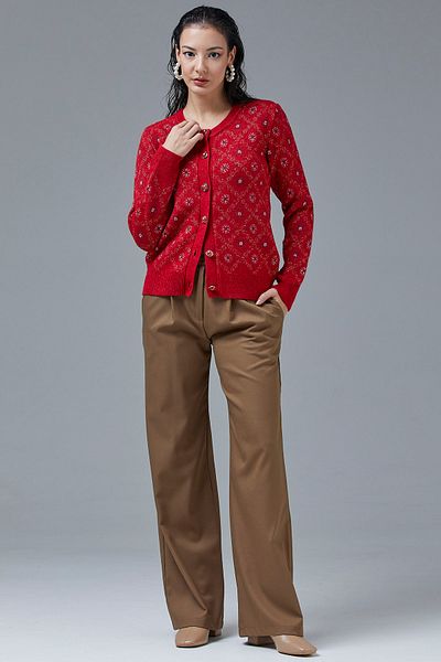 Sementa Pearl Buttoned Floral Patterned Knitwear Cardigan - Red
