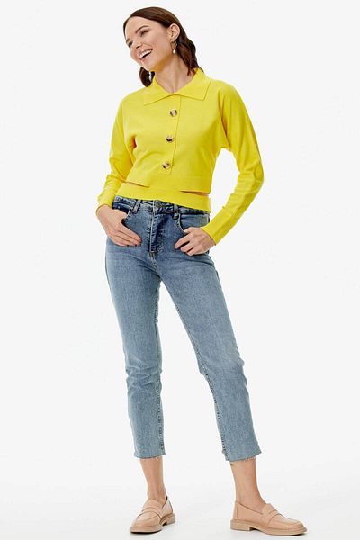 Sementa Piesă Detaliată Guler Polo Cu nasturi Tricotaj Crop - Galben deschis