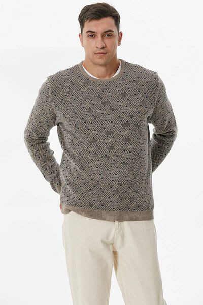 Sementa Men's Crew Neck Patterned Knitwear Sweater - Milky Brown