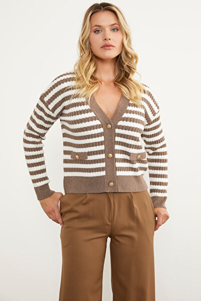 Sementa Ζακέτα πλεκτό με ριγέ λεπτομέρεια τσέπης - Milk Coffee